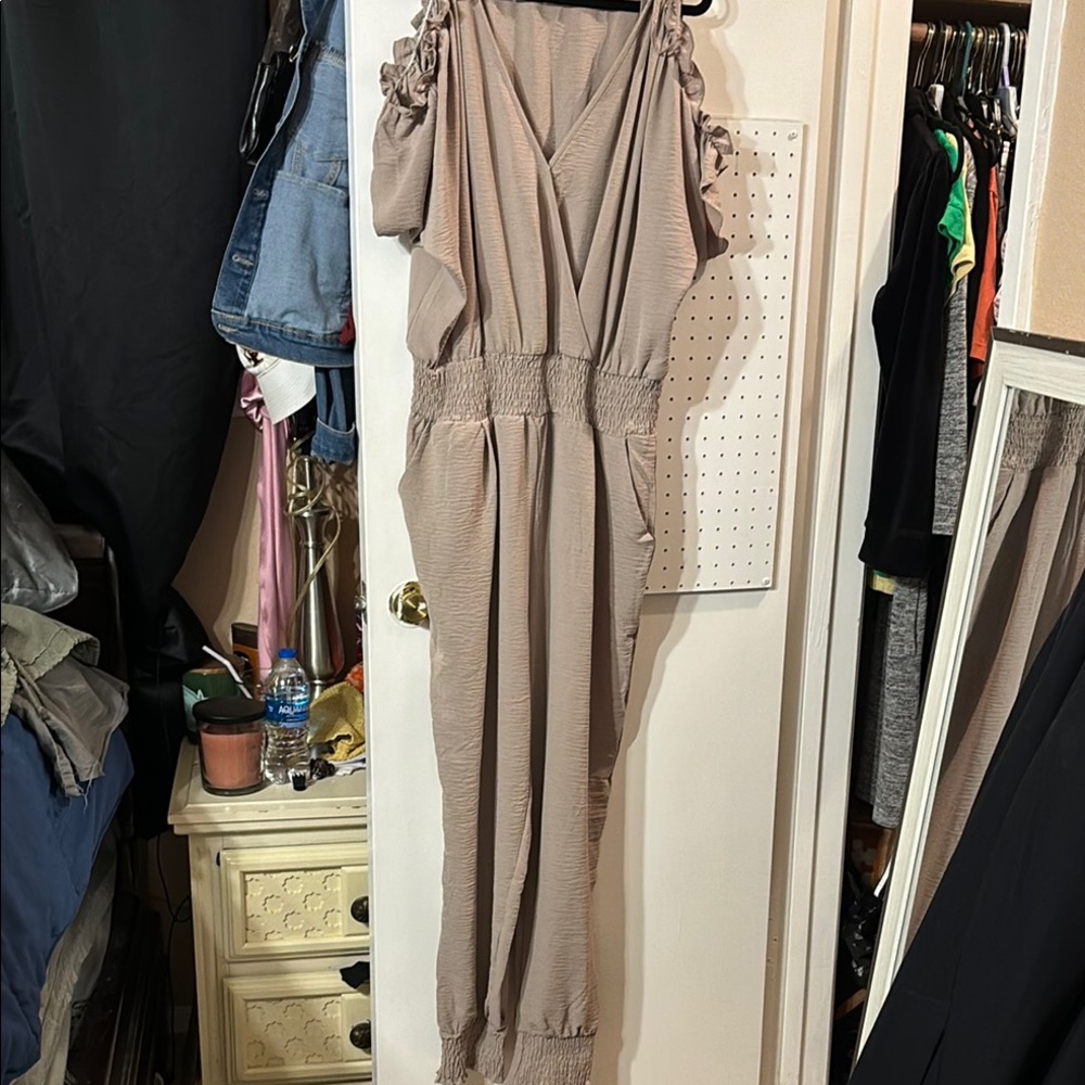 Stylish Tan Jumpsuit with Ruffle Sleeves